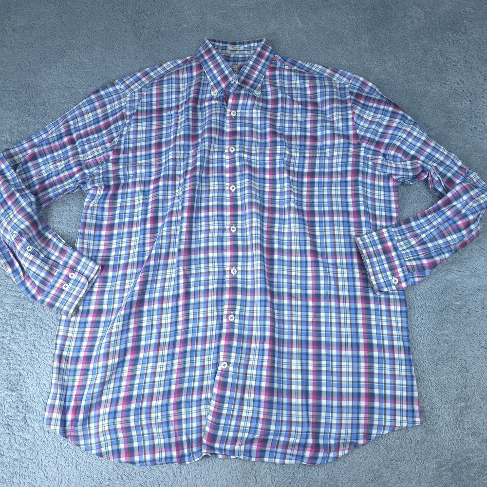 Peter Millar Shirt Mens XL Blue Plaid Long Sleeve Button Up Cotton Casual